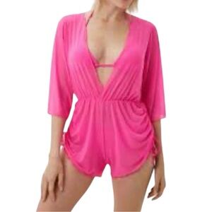 Hot‎ Pink V-Neck Runched Swimsuit Cover-Up Romper
